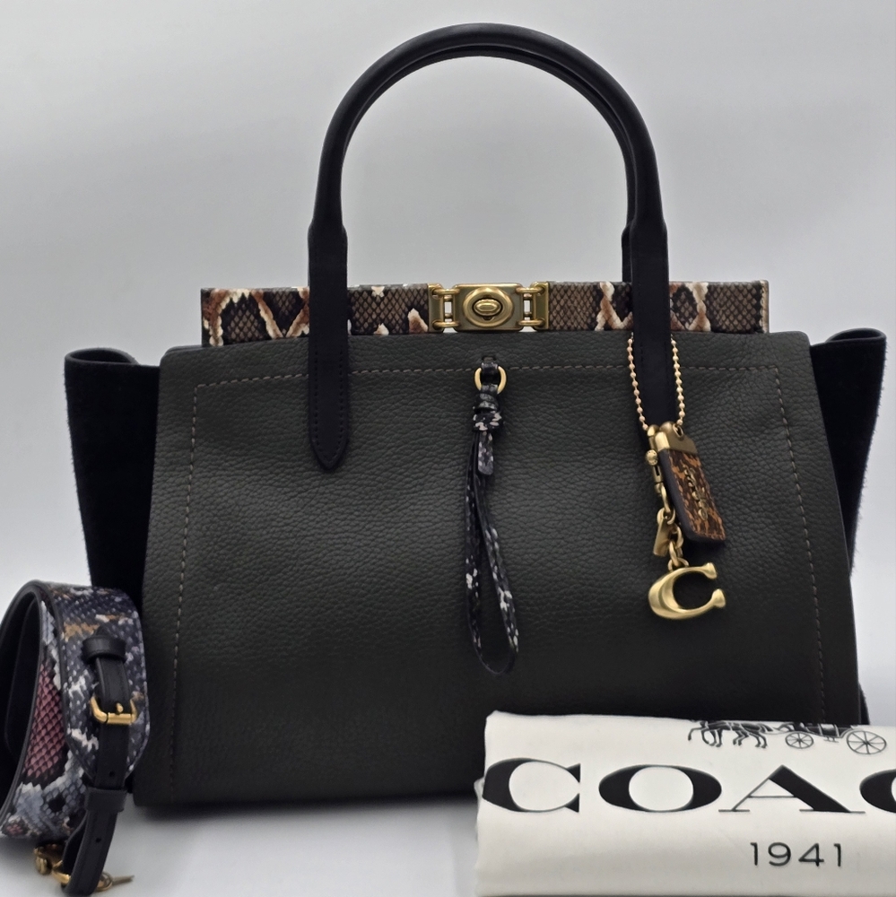 Coach Olive Green Leather Tote with Black Handles and Snakeskin Trim